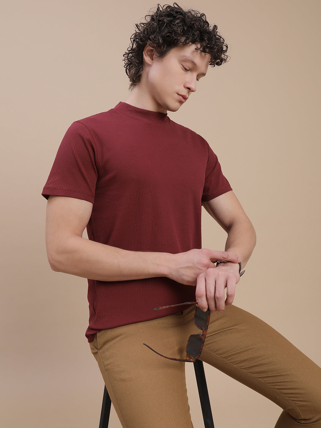 Men Burgundy High Neck Tee