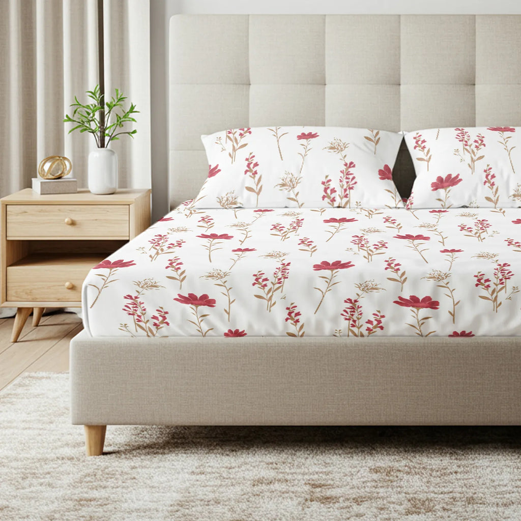 Serene 200 TC 100% Cotton Bedsheet with Pillow Covers - Orchid Blooms - Pink
