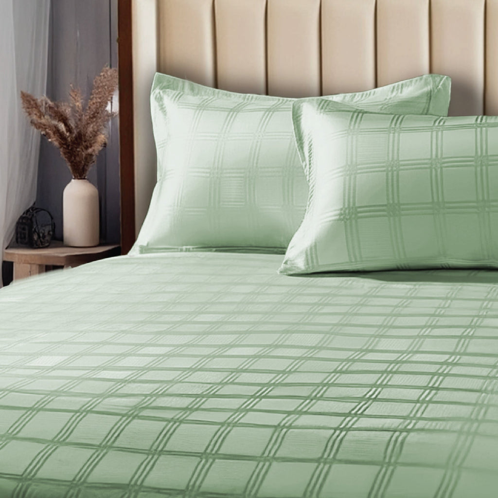 300 TC Super Soft King Bedsheet, Self Woven Checks Design - Sage Green Checks