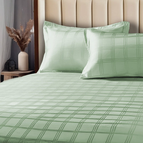 300 TC Super Soft King Bedsheet, Self Woven Checks Design - Sage Green Checks