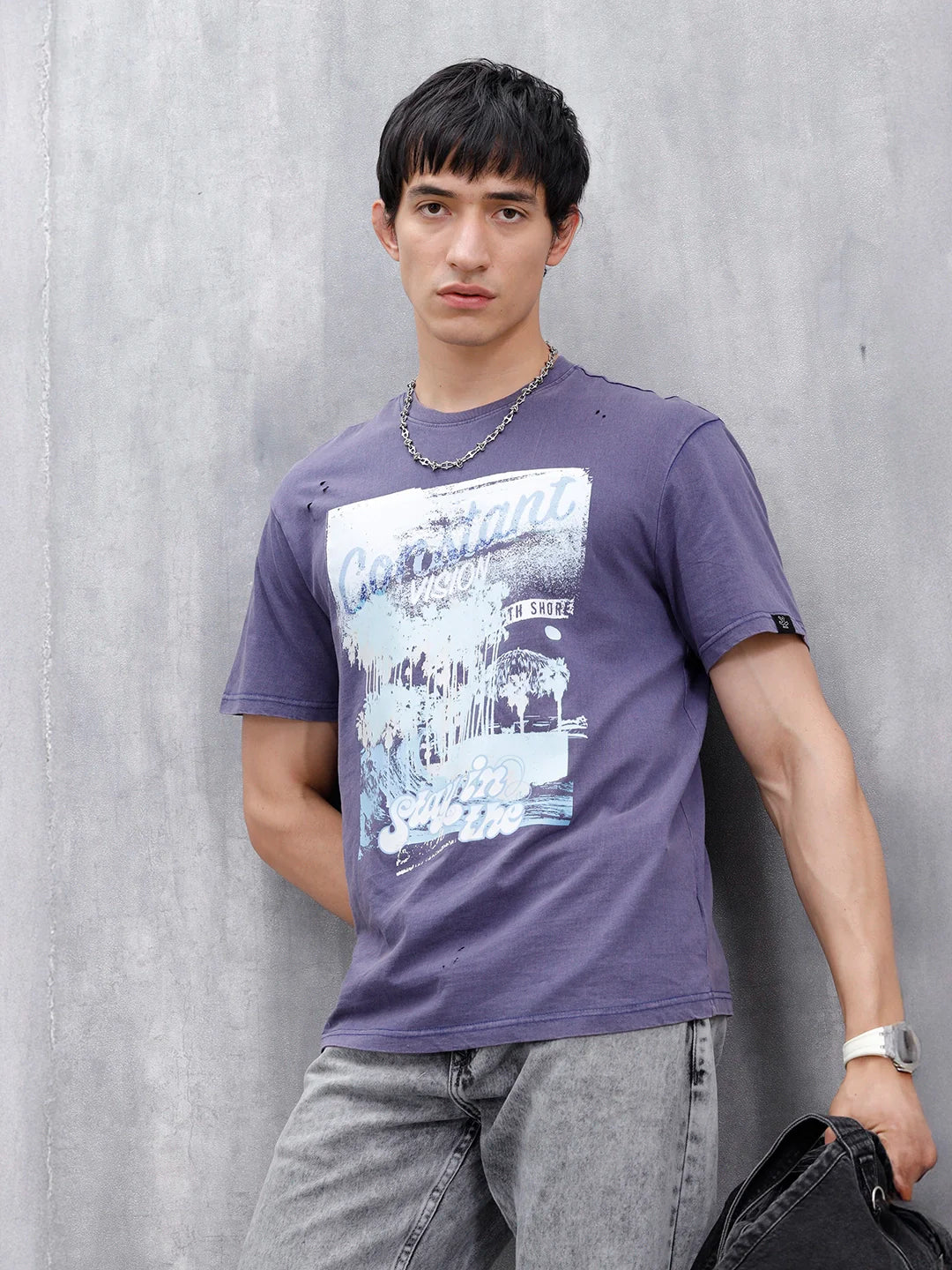 Oversized Washed Distressed Graphic T-Shirt  | Navy Blue