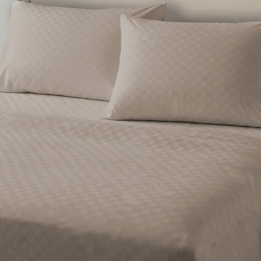 300 TC Super Soft King Bedsheet, Self Woven Cubes Design - Soft Brown Cubes