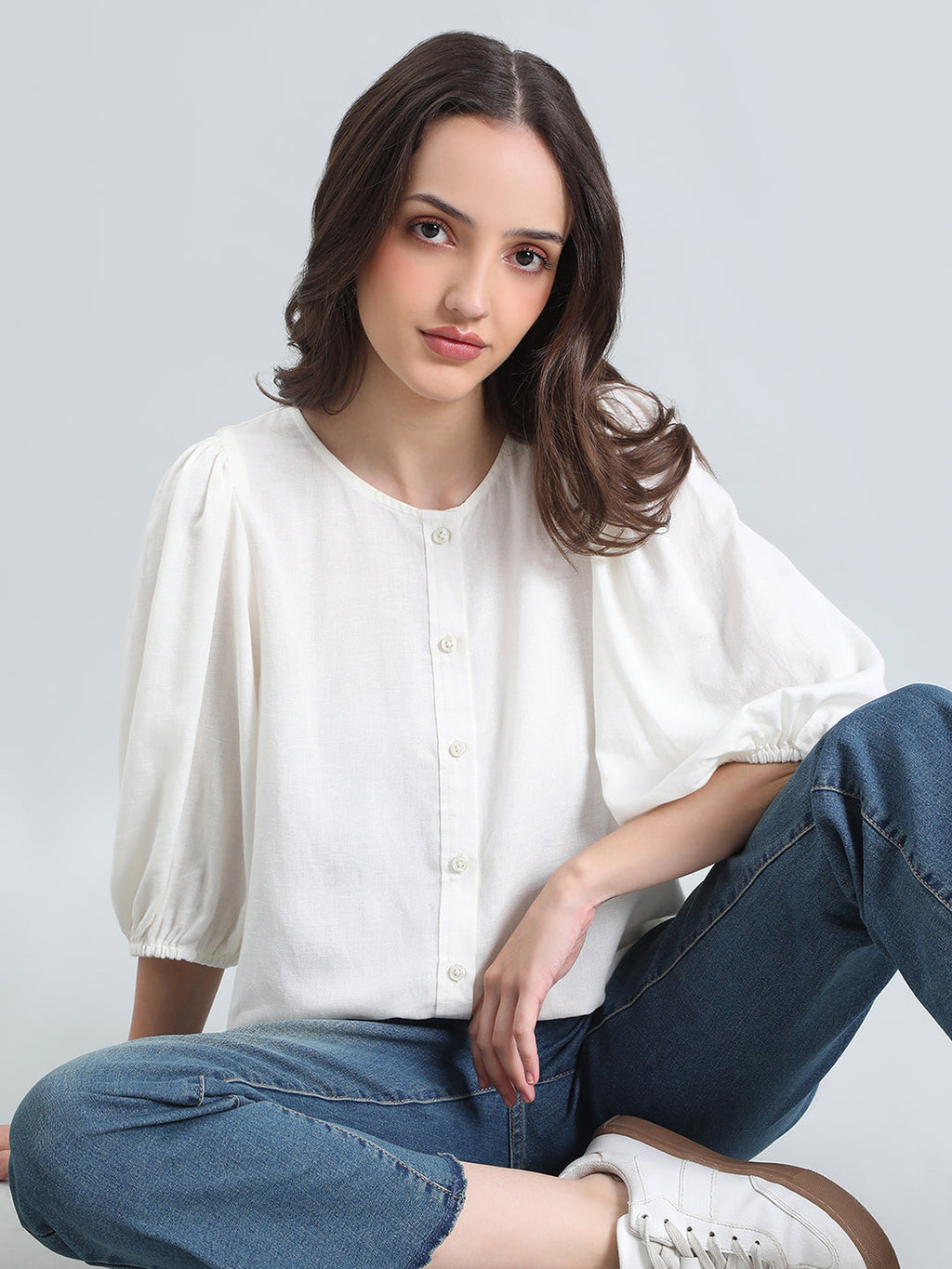 Linen Puff Sleeve Crew Neck Shirt