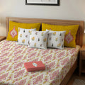 Cotton Double Bedsheet with 3 Cushion Covers in Gift Box Set, Motif Mustard