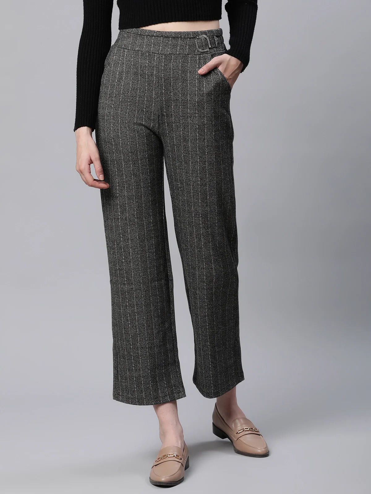 Grey Striped High Waist Straight Trousers