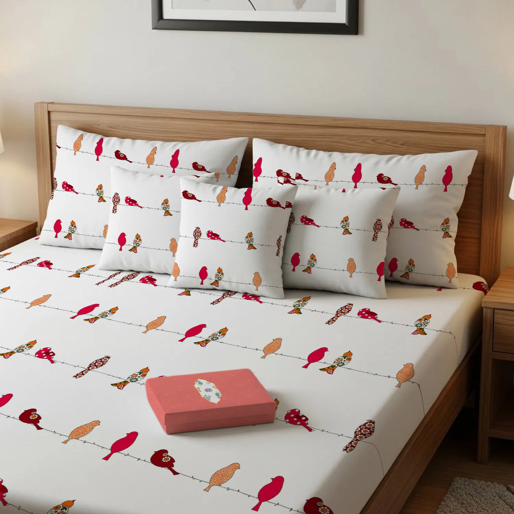 Cotton Double Bedsheet with 3 Cushion Covers in Gift Box Set, Humming Bird Red