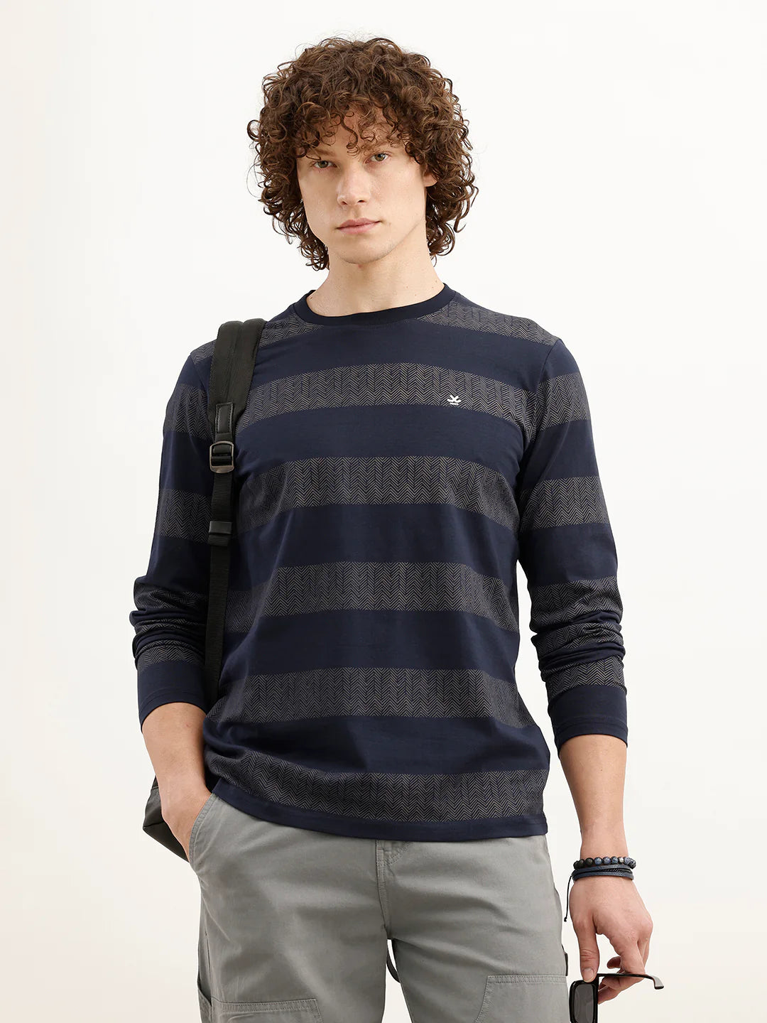 Slim Fit Printed Striped T-Shirt | Navy Blue