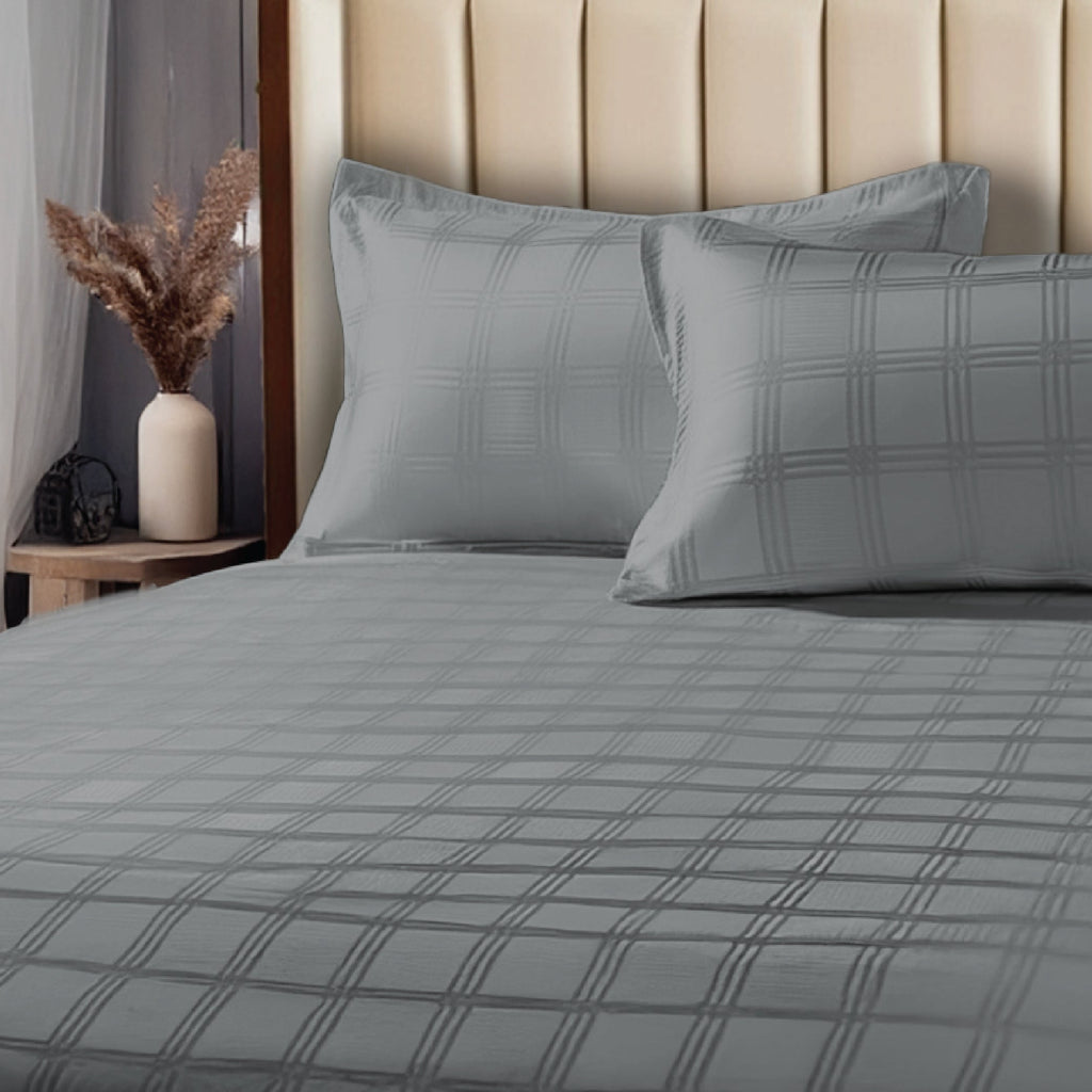 300 TC Super Soft King Bedsheet, Self Woven Checks Design - Grey Checks