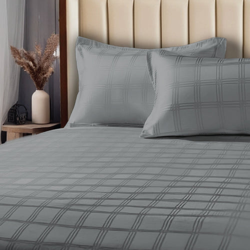 300 TC Super Soft King Bedsheet, Self Woven Checks Design - Grey Checks