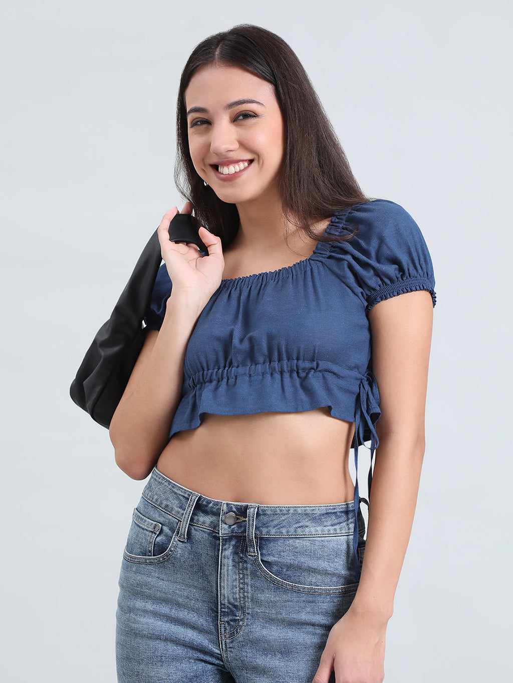 Linen Blend Square Neck Cropped Gathered Blouse