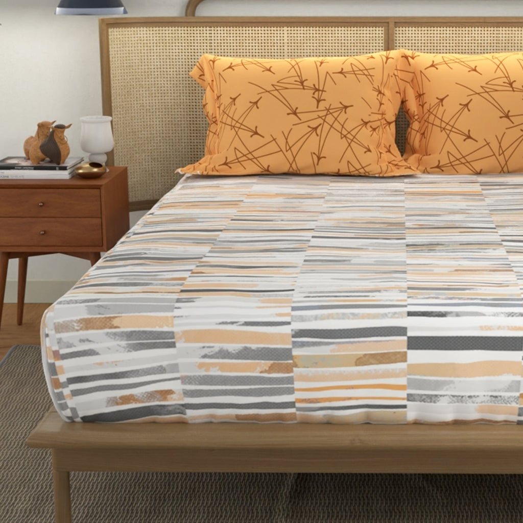 Divine Collection - Cotton Bedsheet With 2 Pillow Covers, Stripes Mustard