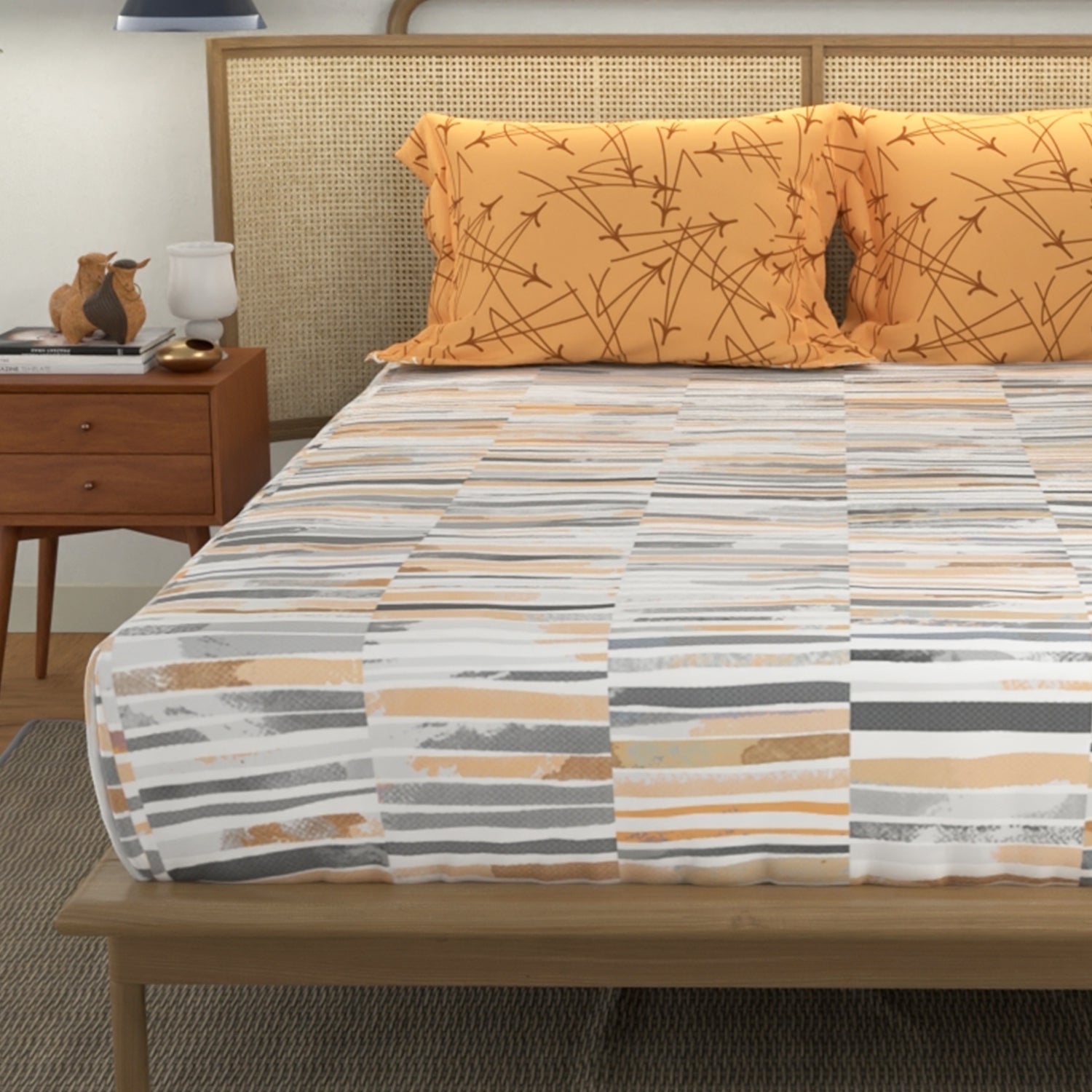 Divine Collection - Cotton Bedsheet With 2 Pillow Covers, Stripes Mustard