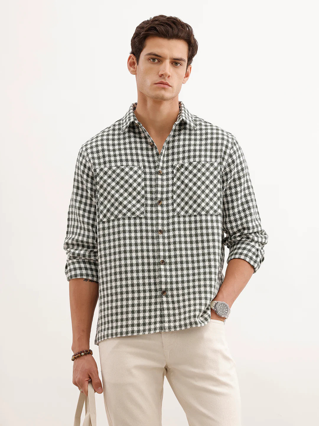 Comfort Fit Checkered Double Pocket Shirt  | Olive
