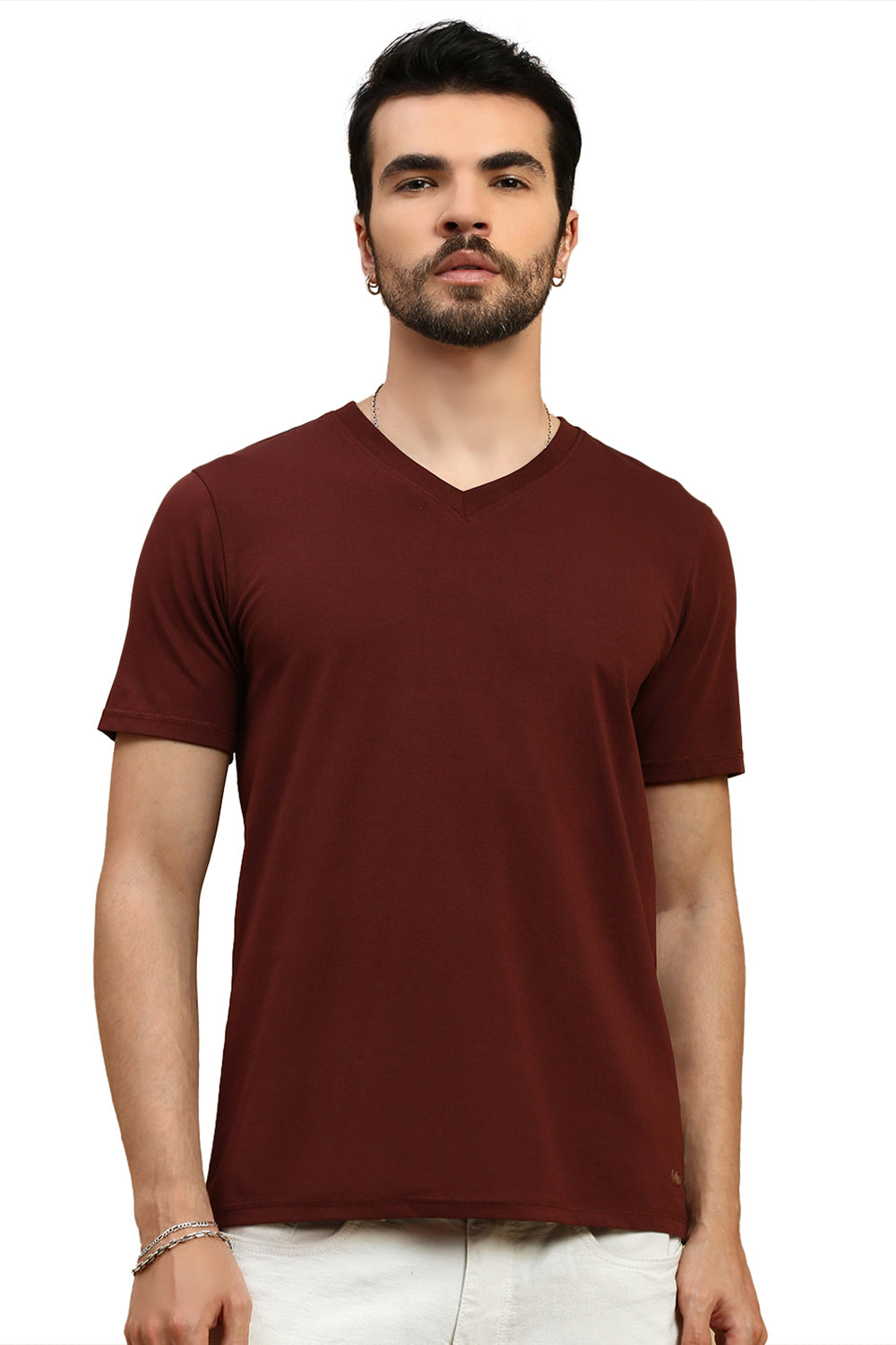 Men Brown V Neck T-Shirt