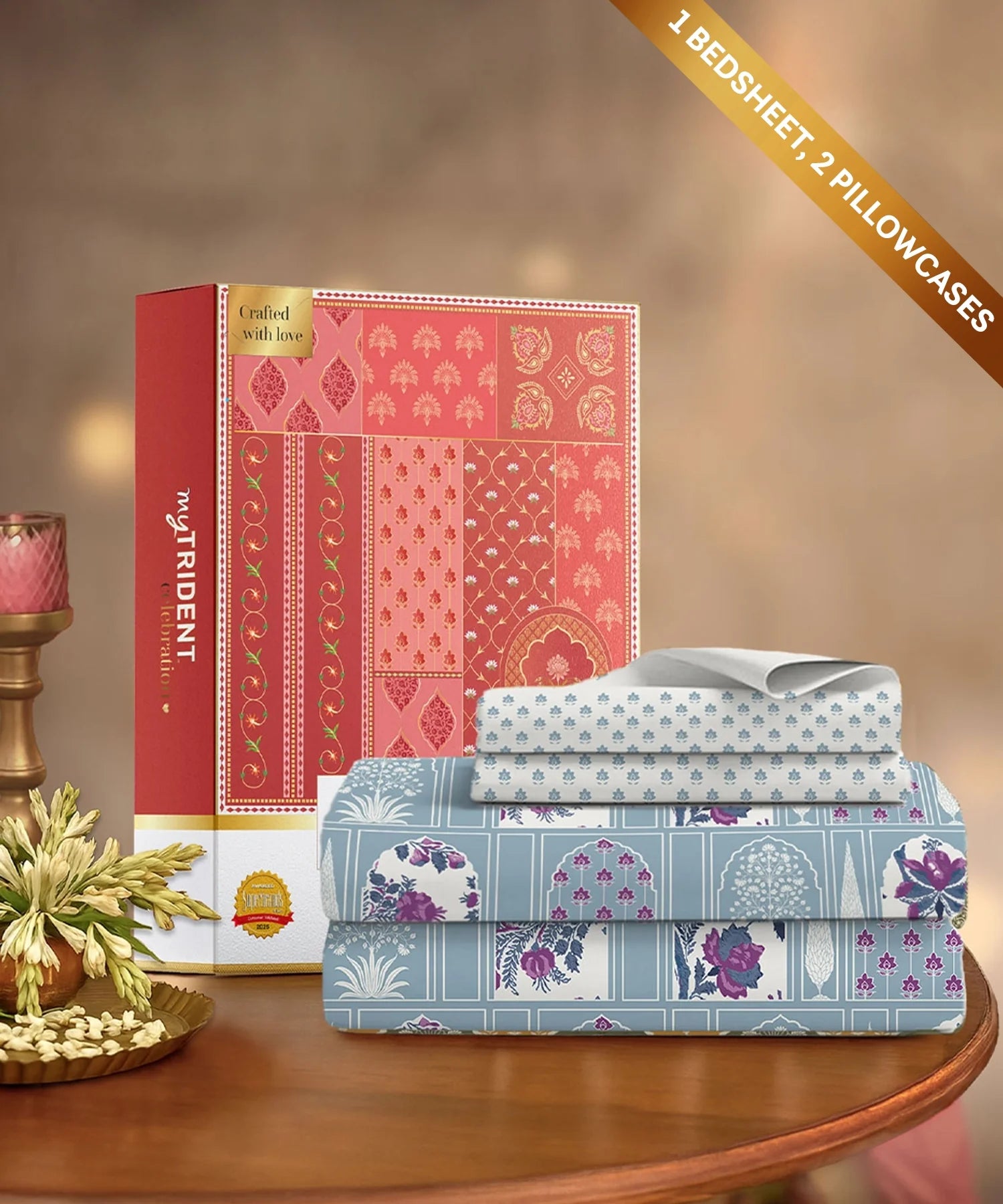 Celebration Queen Bedsheet Set, Aangan Blue | 144 TC Cotton| 2 Pillow Covers