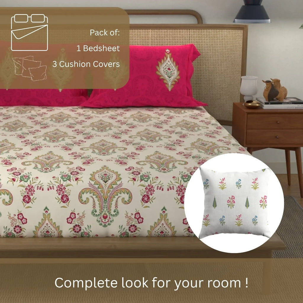 Cotton Double Bedsheet with 3 Cushion Covers in Gift Box Set, Motif Red