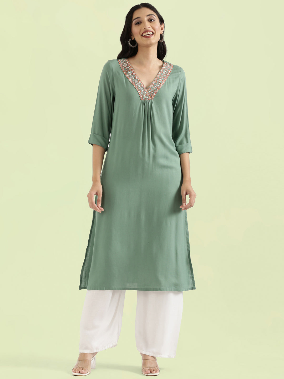 Rayon Geometric Cross-Stitch V-Neck Embroidered Straight Kurta