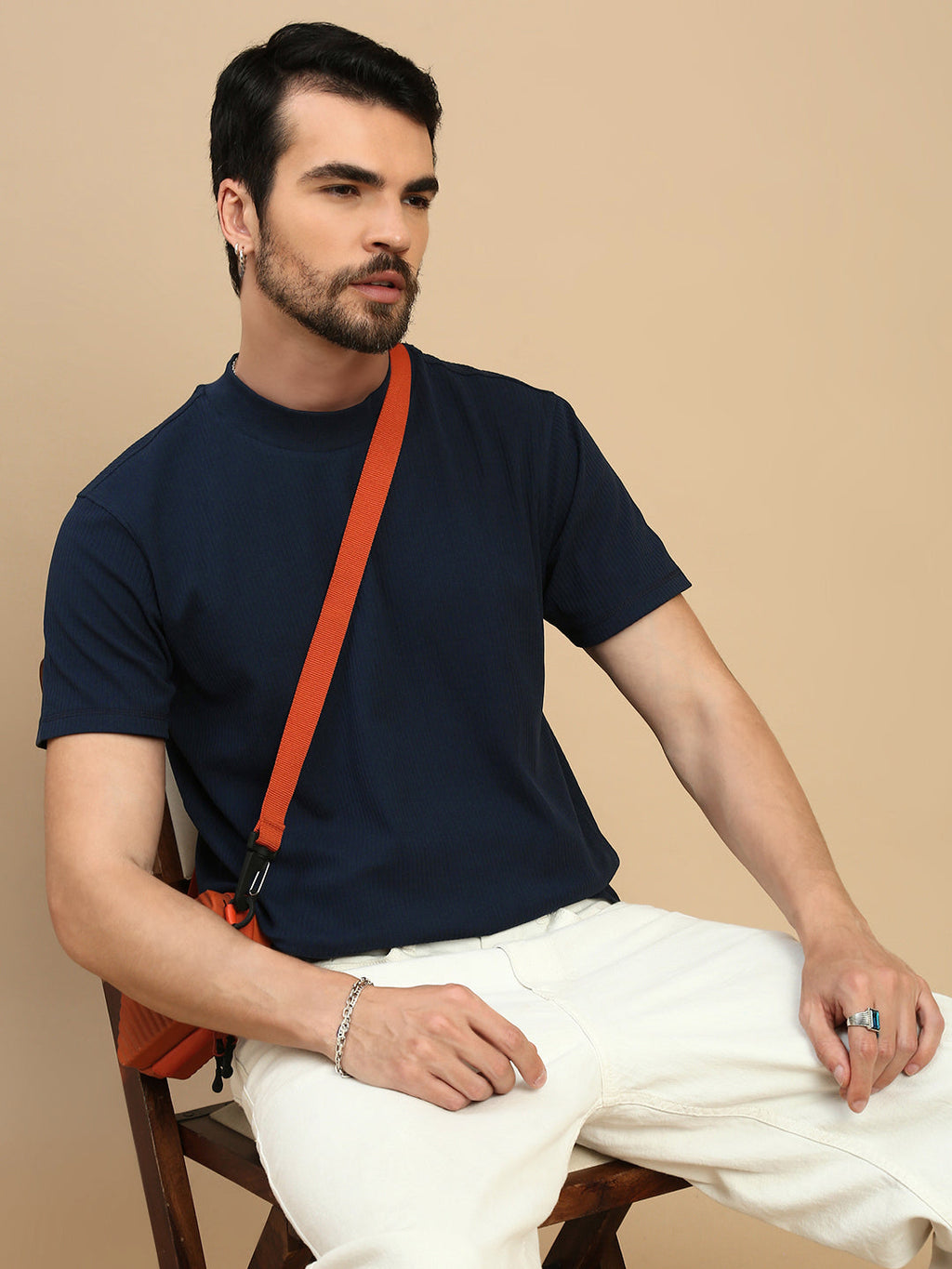 Men Navy High Neck Tee