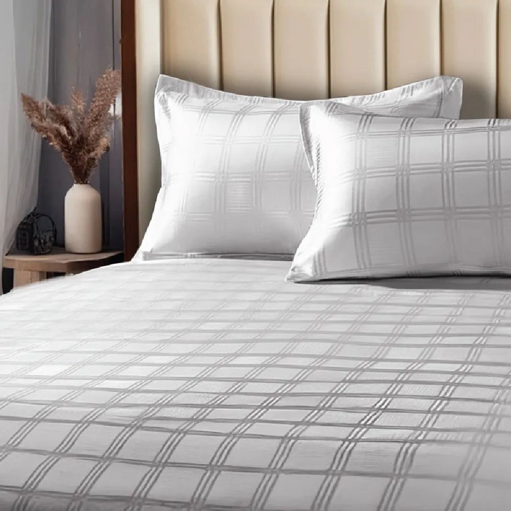 300 TC Super Soft King Bedsheet, Self Woven Checks Design - Silver Grey Checks