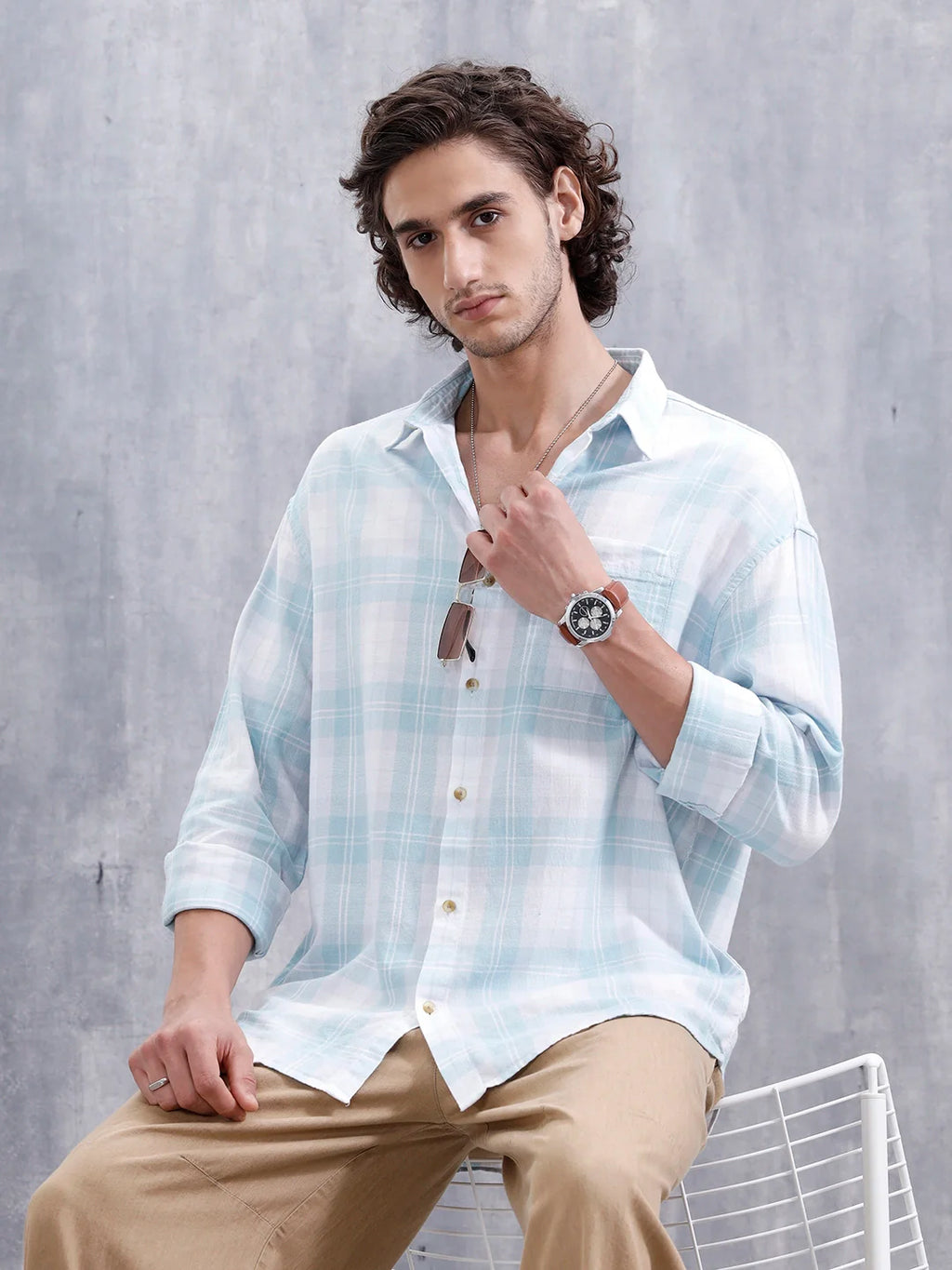 Men’S Boxy Fit Checkered Pattern Shirt | White