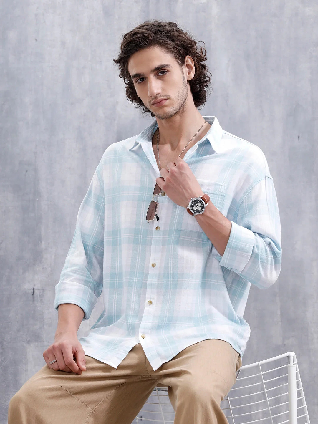 Men’S Boxy Fit Checkered Pattern Shirt | White