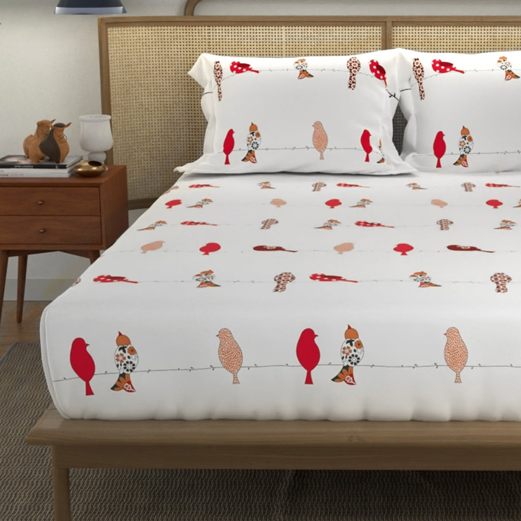 Divine Collection - Cotton Bedsheet With 2 Pillow Covers, Humming Bird Red