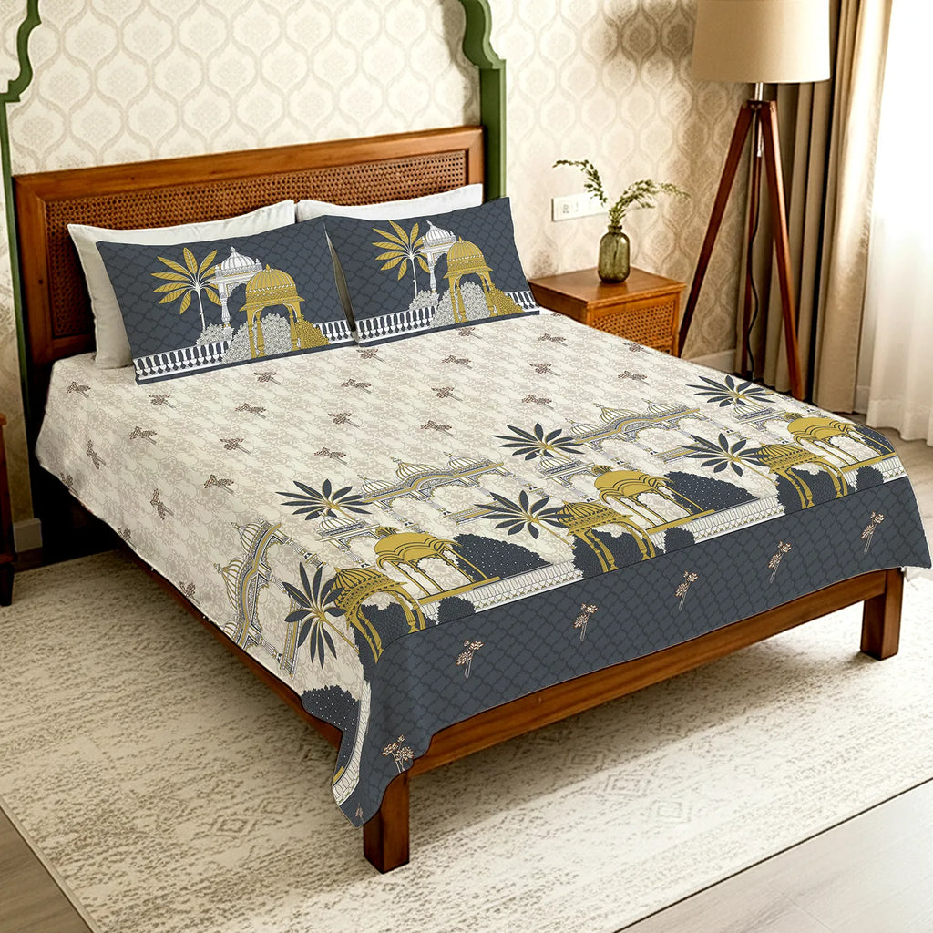 Serene 300 TC 100% Cotton Bedsheet with Pillow Covers, Panel Design - Aangan Grey