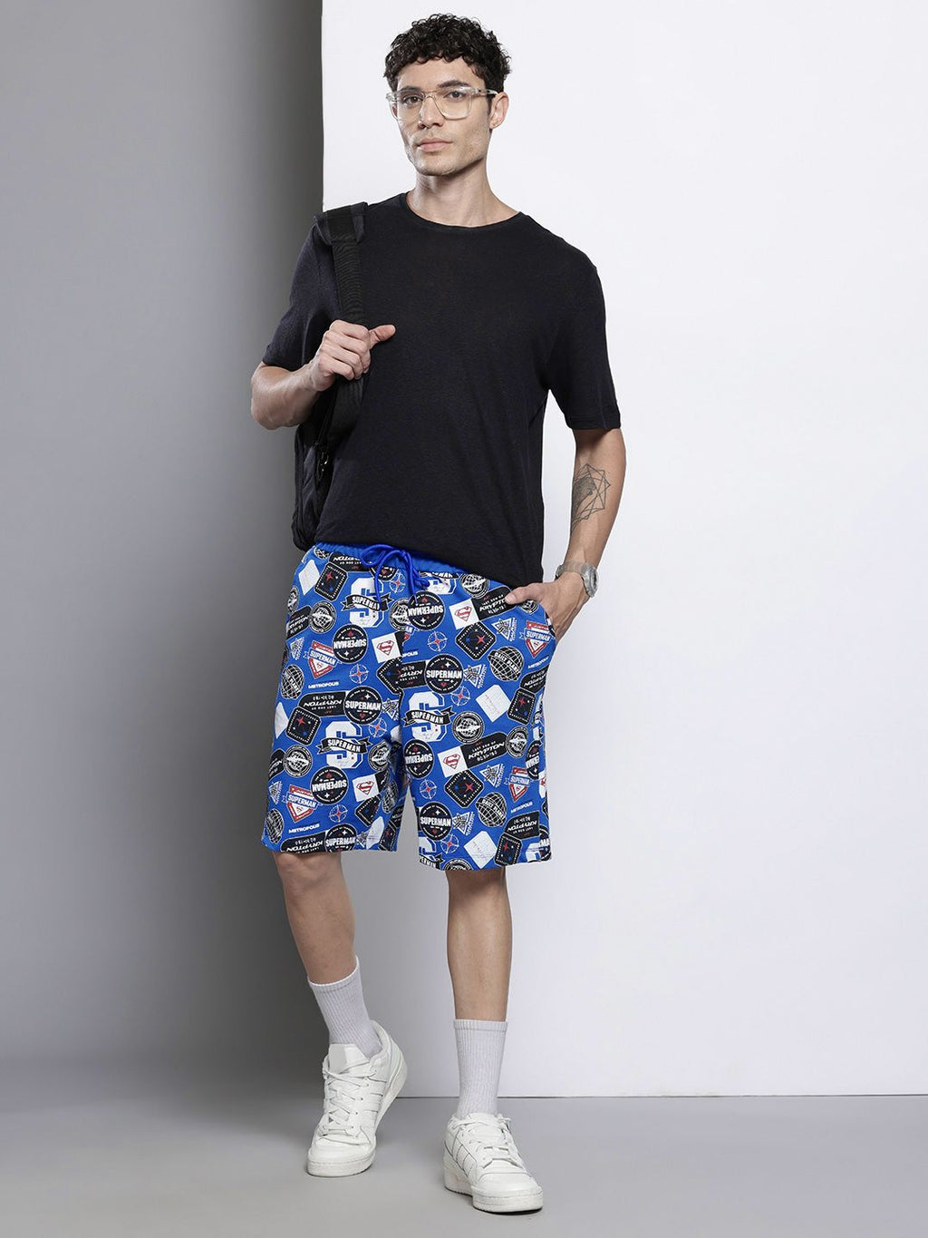 Men's Blue Relaxed Fit Character Superman Printed Shorts