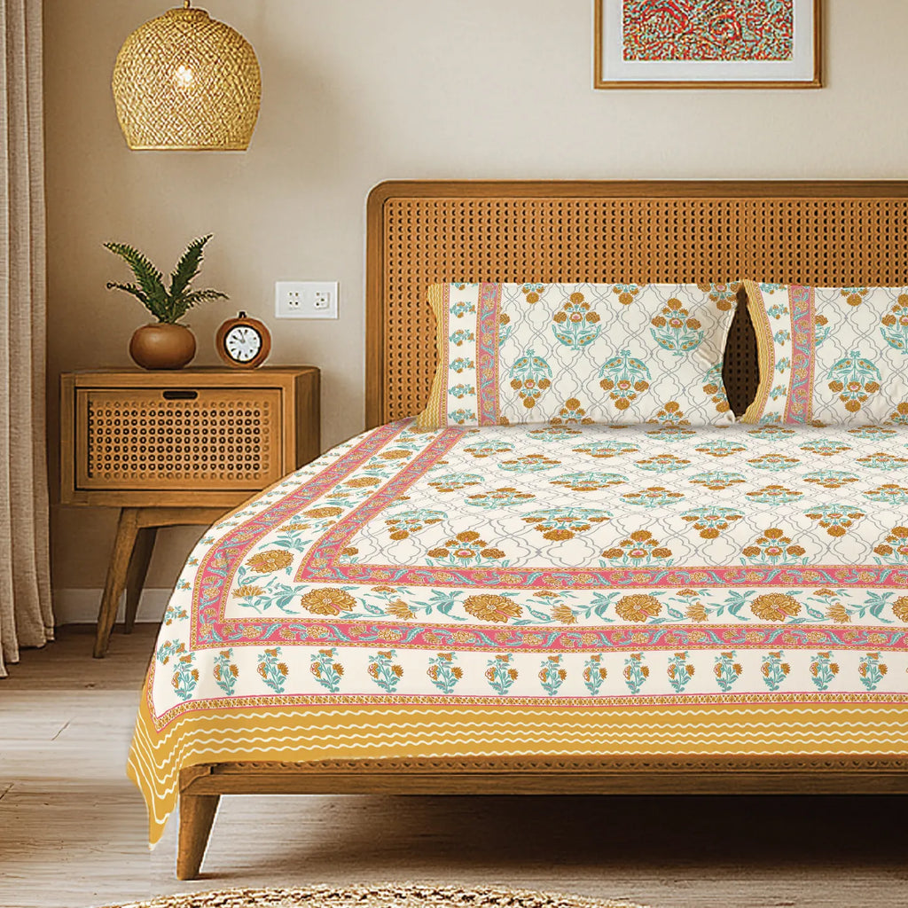 Rajasthani Ethnic 100% Cotton Bedsheet with 2 Pillow Covers - Amberjaal Yellow