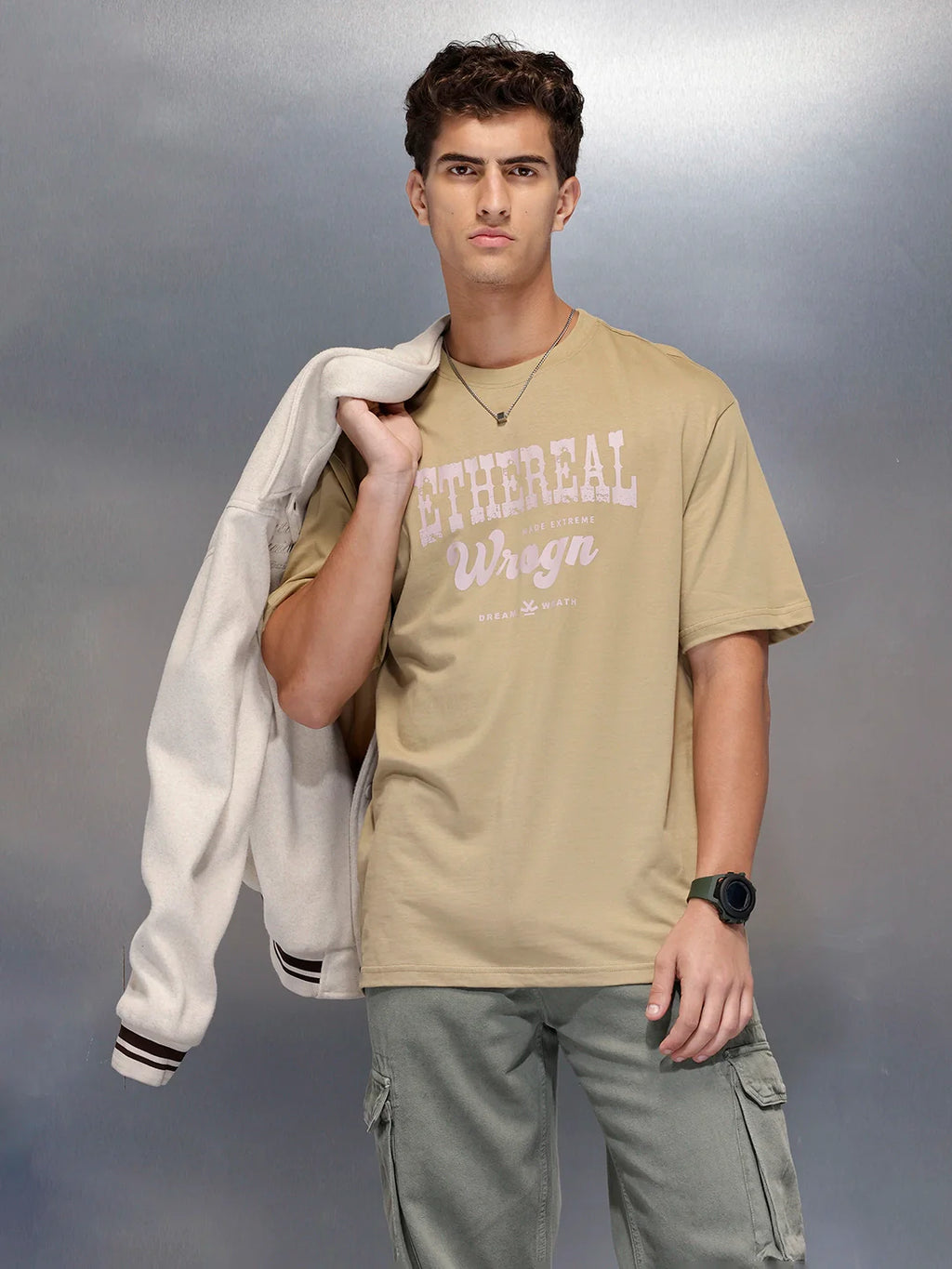 Men’s minimal statement graphic tshirt | Beige