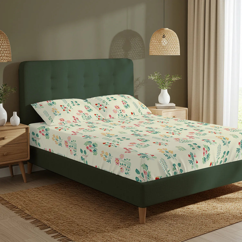 Serene 200 TC 100% Cotton Bedsheet with Pillow Covers - Eden Cream