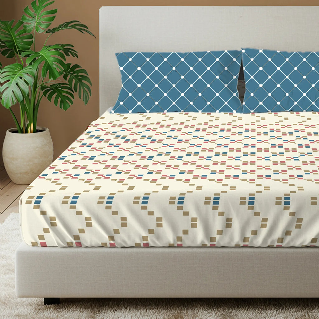 Divine Collection - Cotton Bedsheet With 2 Pillow Covers, Zen Blocks Blue