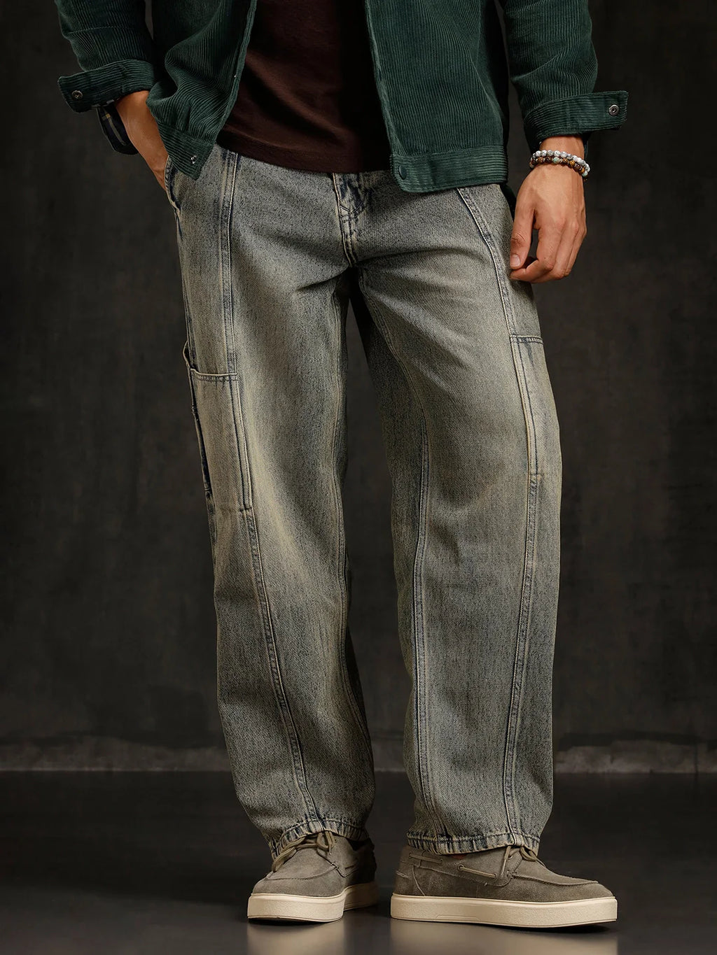 Slanted Pocket Loose Fit Jeans | Grey