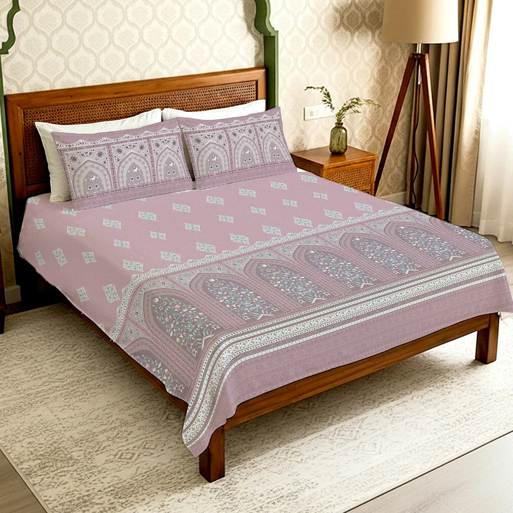 Serene 300 TC 100% Cotton Bedsheet with Pillow Covers, Panel Design - Jharokha Mauve