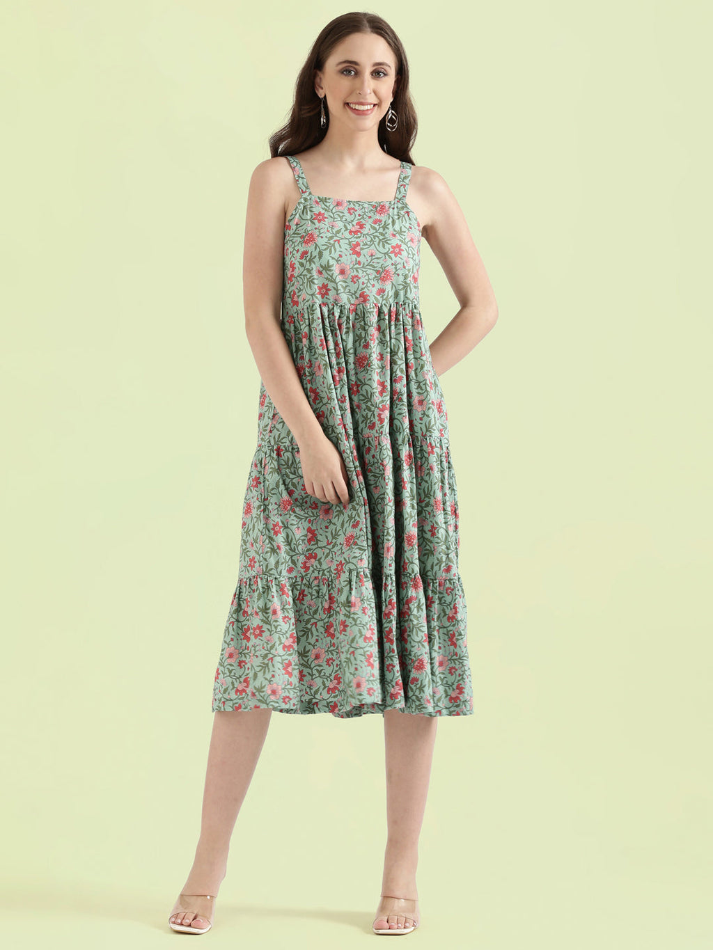 Floral Print Cotton Fit & Flare Square Neck Dress