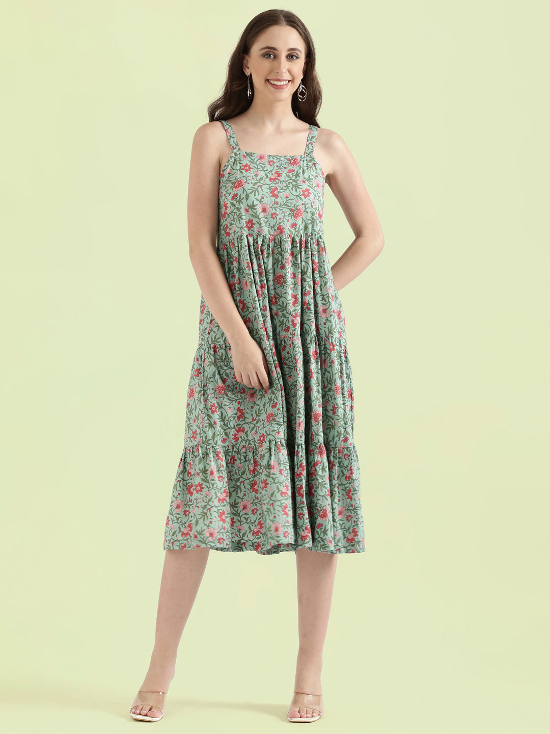 Floral Print Cotton Fit & Flare Square Neck Dress