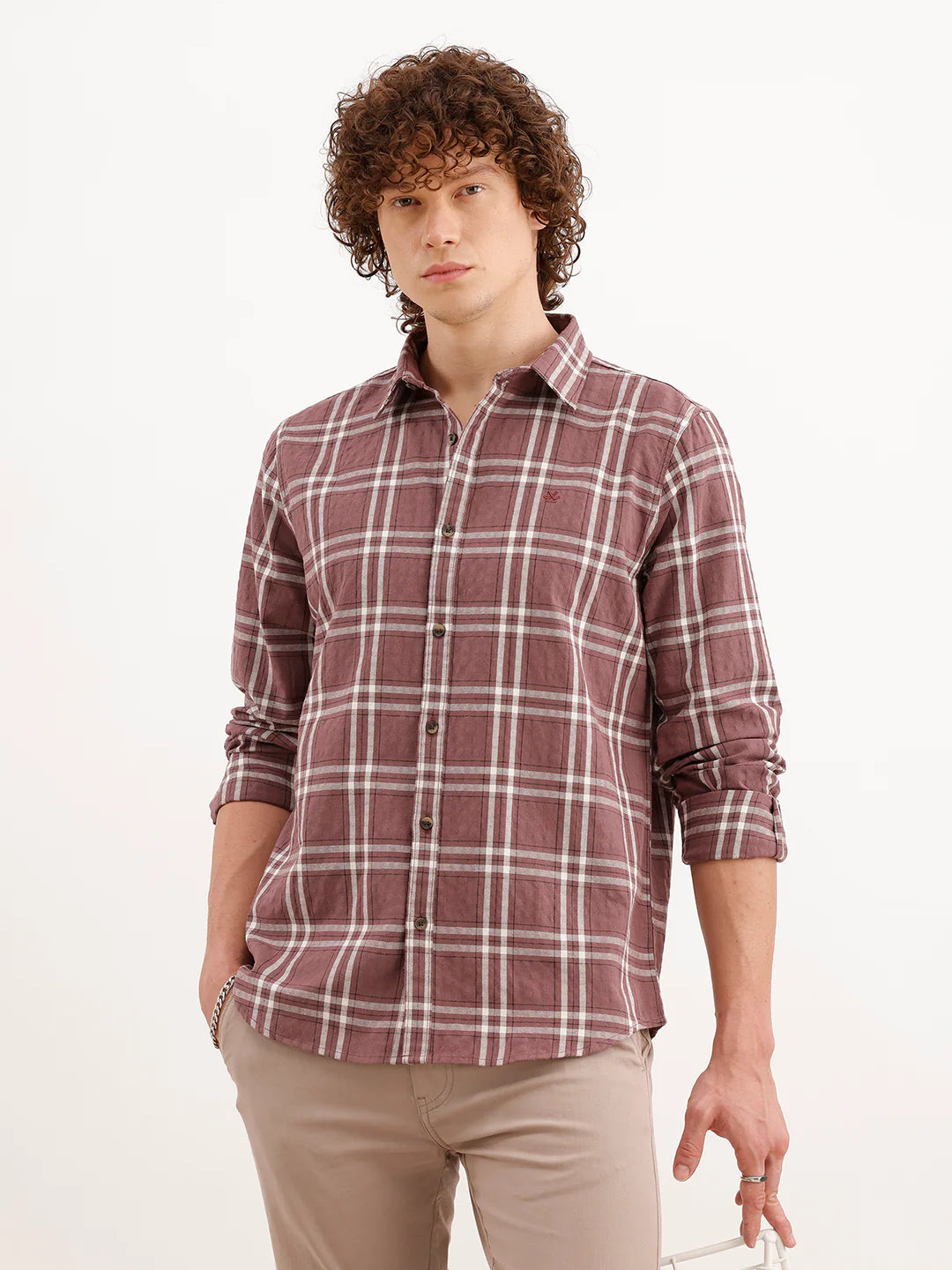 Slim Fit Checkered Shirt  | Peach