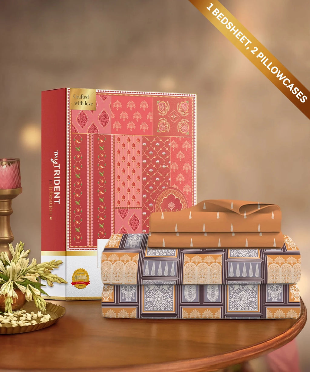 Celebration Queen Bedsheet Set, Gharana Grey | 144 TC Cotton| 2 Pillow Covers