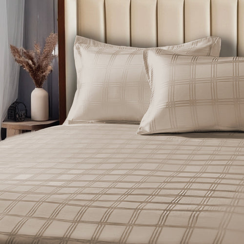 300 TC Super Soft King Bedsheet, Self Woven Checks Design - Beige Checks