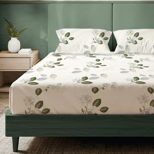 200 TC Glaced Cotton Microfiber Bedsheet with Pillow Covers - Tea Leaves