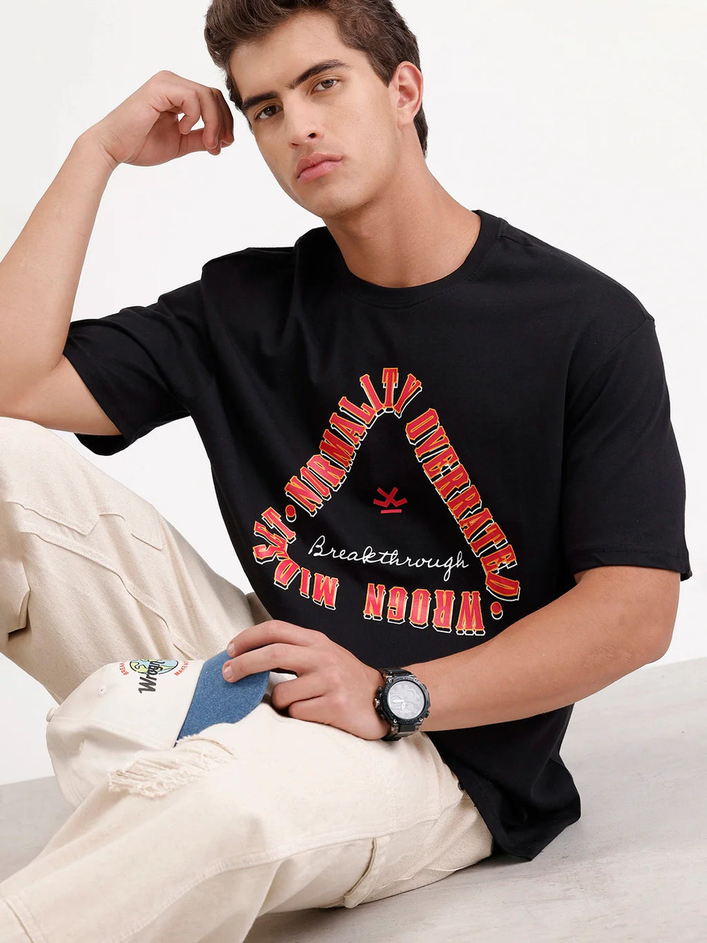 Oversized Placement Printed T-Shirt | Black