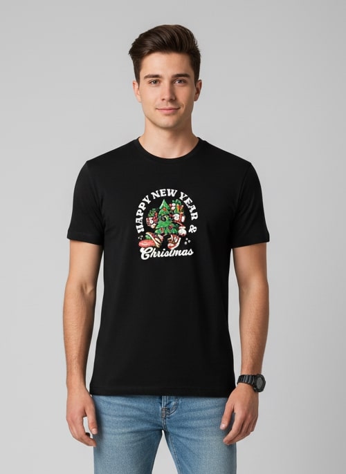 Men Printed Black Cotton Tshirt