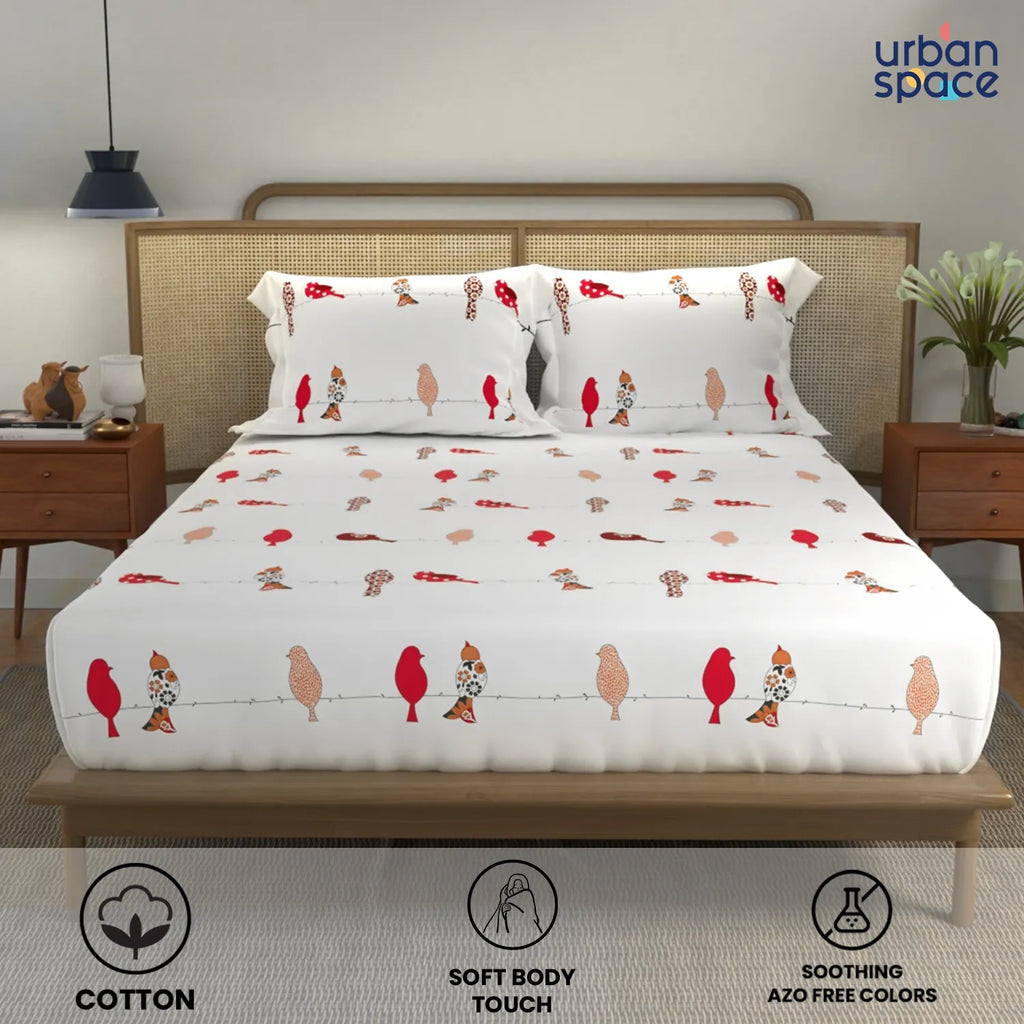 Cotton Double Bedsheet with 3 Cushion Covers in Gift Box Set, Humming Bird Red