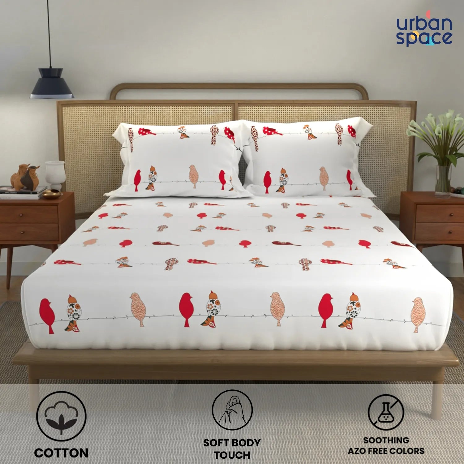Cotton Double Bedsheet with 3 Cushion Covers in Gift Box Set, Humming Bird Red