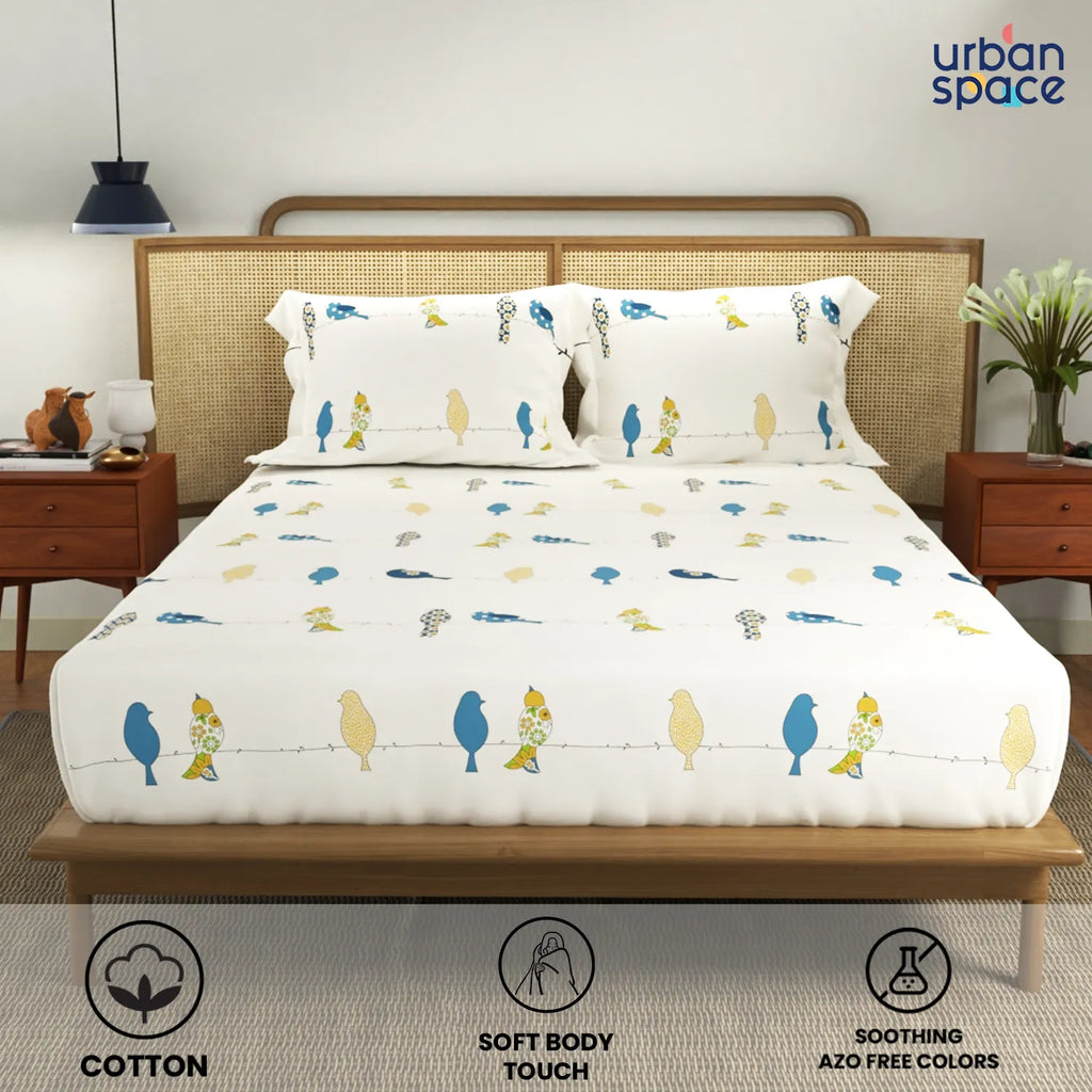Cotton Double Bedsheet with 3 Cushion Covers in Gift Box Set, Humming Bird Blue