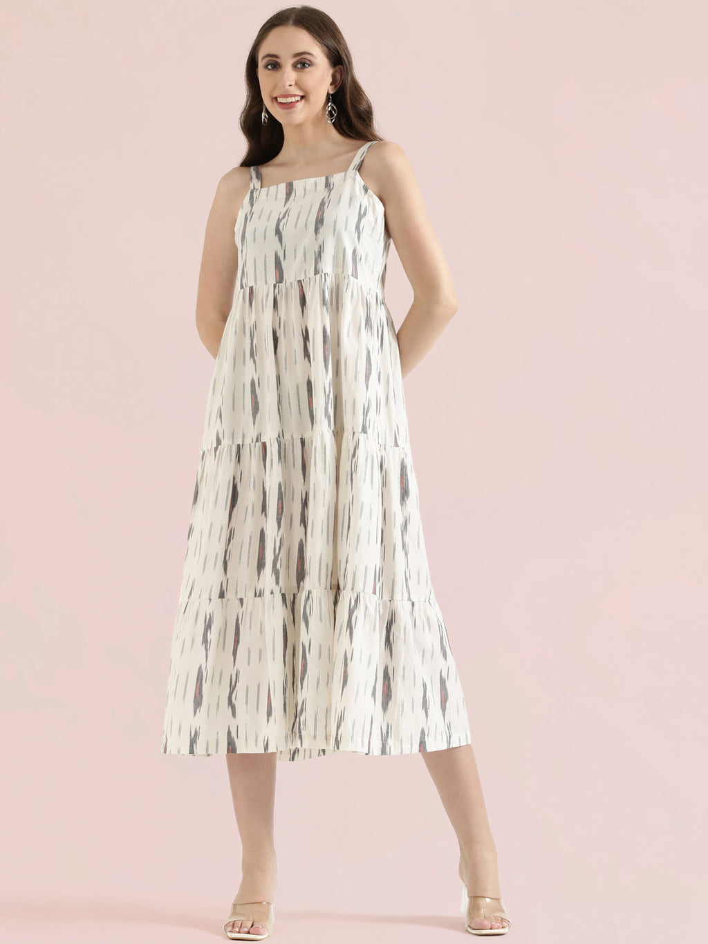 Ikat Print Cotton Smocked Back Tiered Dress