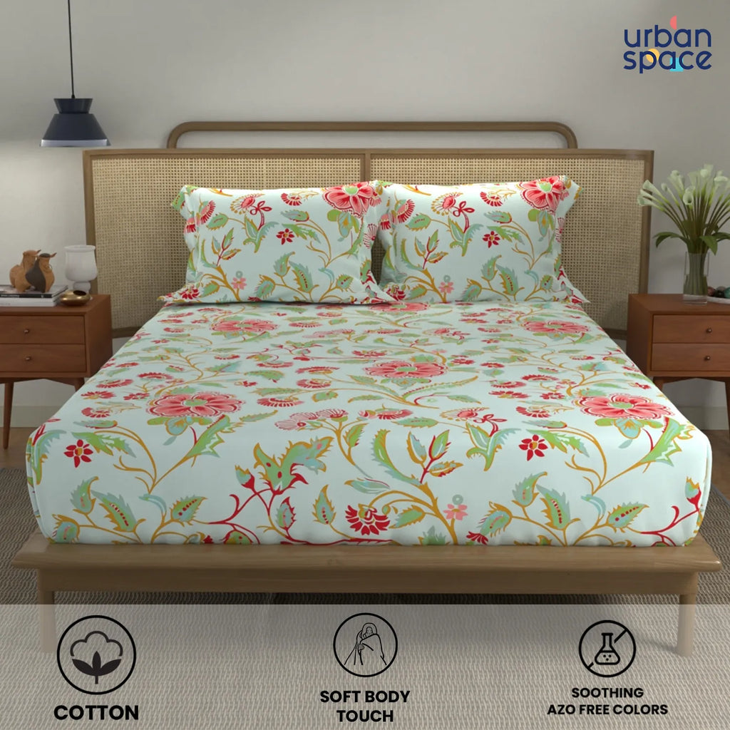 Cotton Double Bedsheet with 3 Cushion Covers in Gift Box Set, Monsoon Skyblue