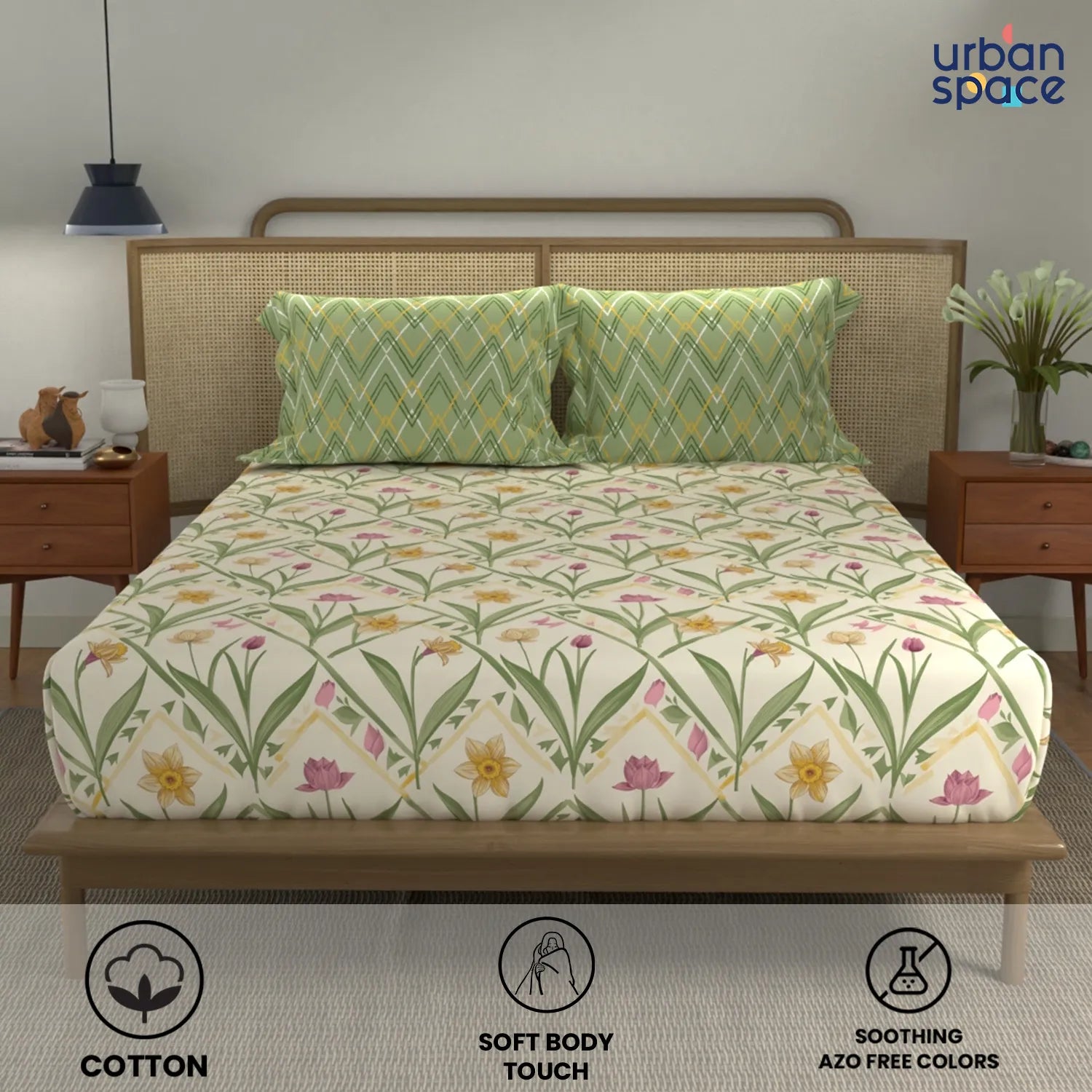 Cotton Double Bedsheet with 3 Cushion Covers in Gift Box Set, Spring Sage