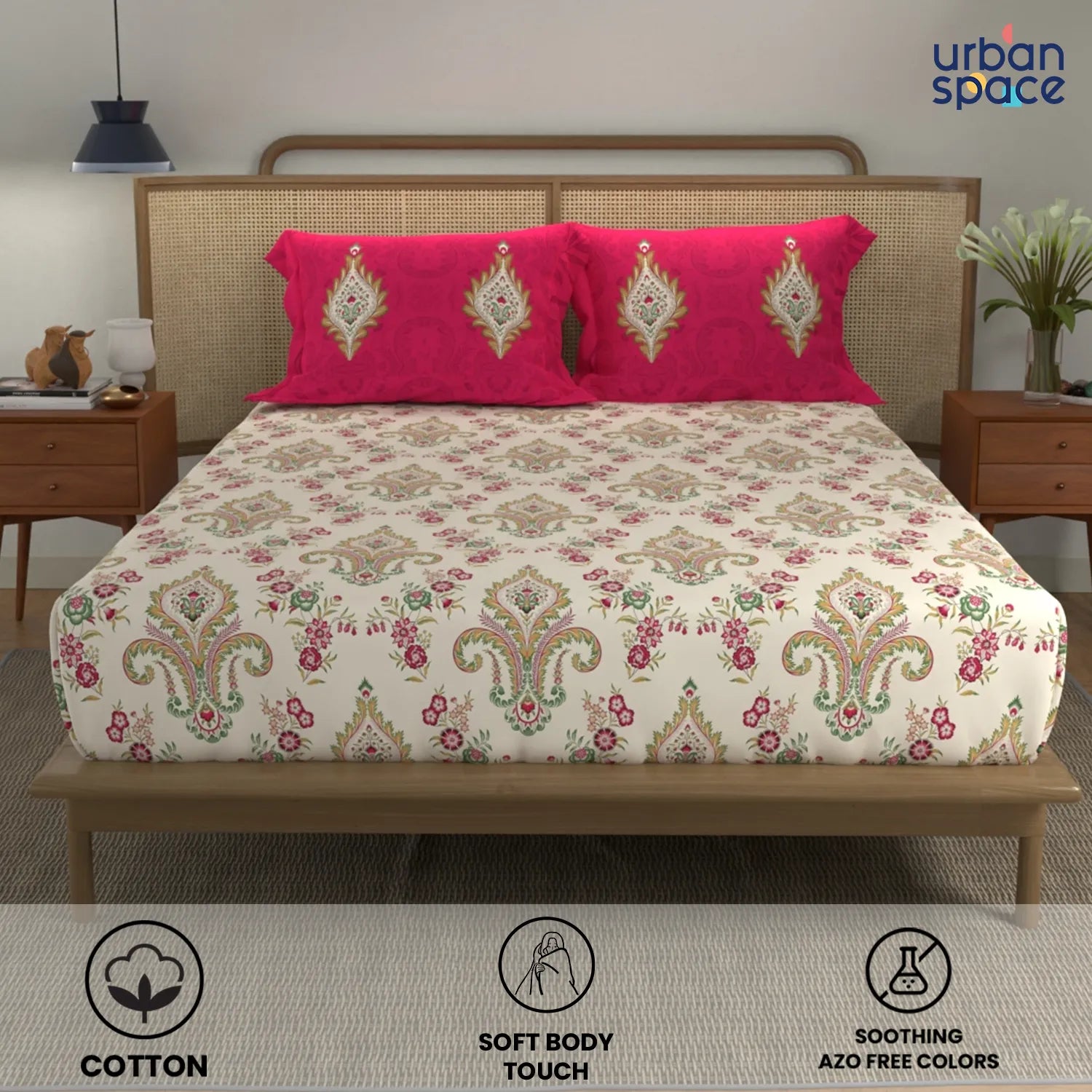 Cotton Double Bedsheet with 3 Cushion Covers in Gift Box Set, Motif Red