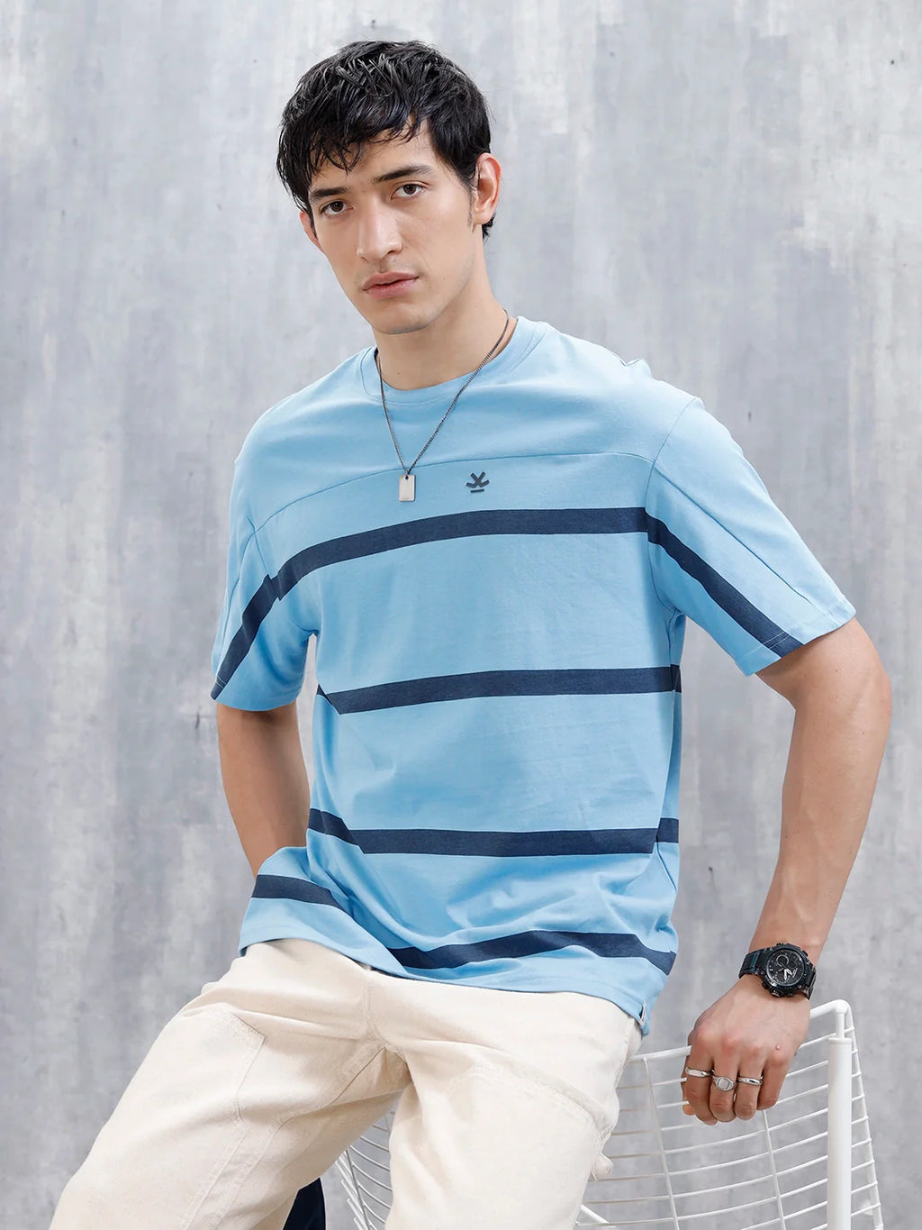 Striped Men's Casual Oversized Fit T-Shirt | Blue